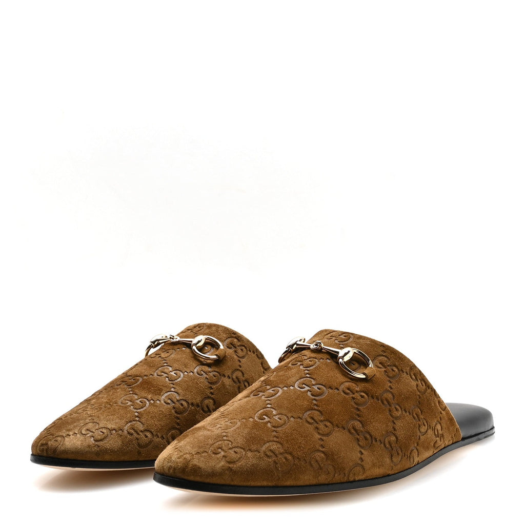 Suede GG Debossed Annette Horsebit Flat Mules 38.5 Brown