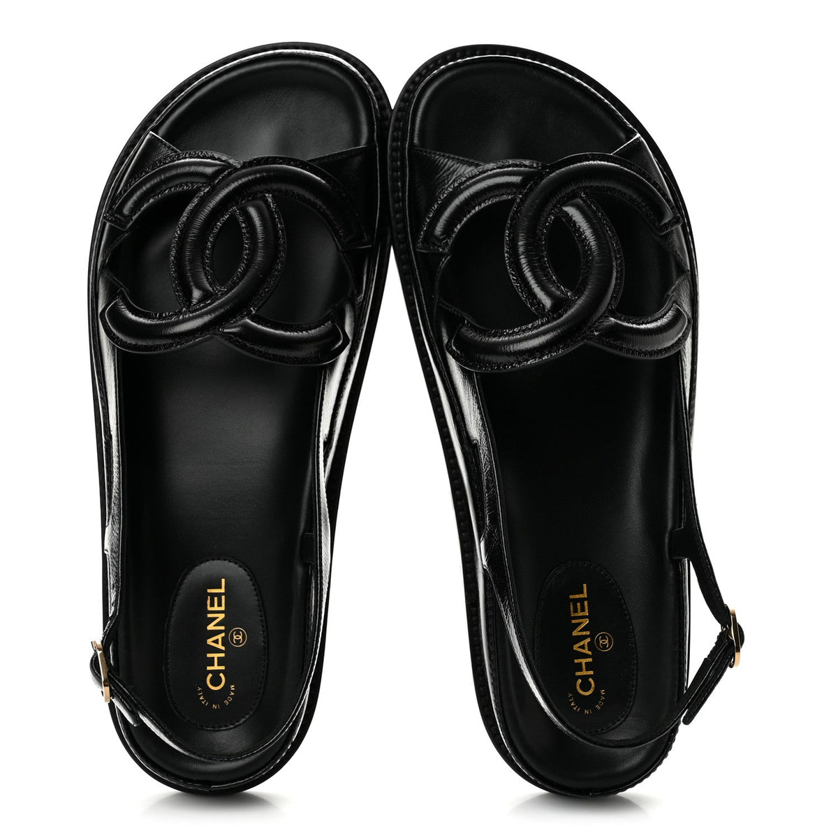 Crumpled Shiny Lambskin CC Cut Out Dad Sandals 39 Black