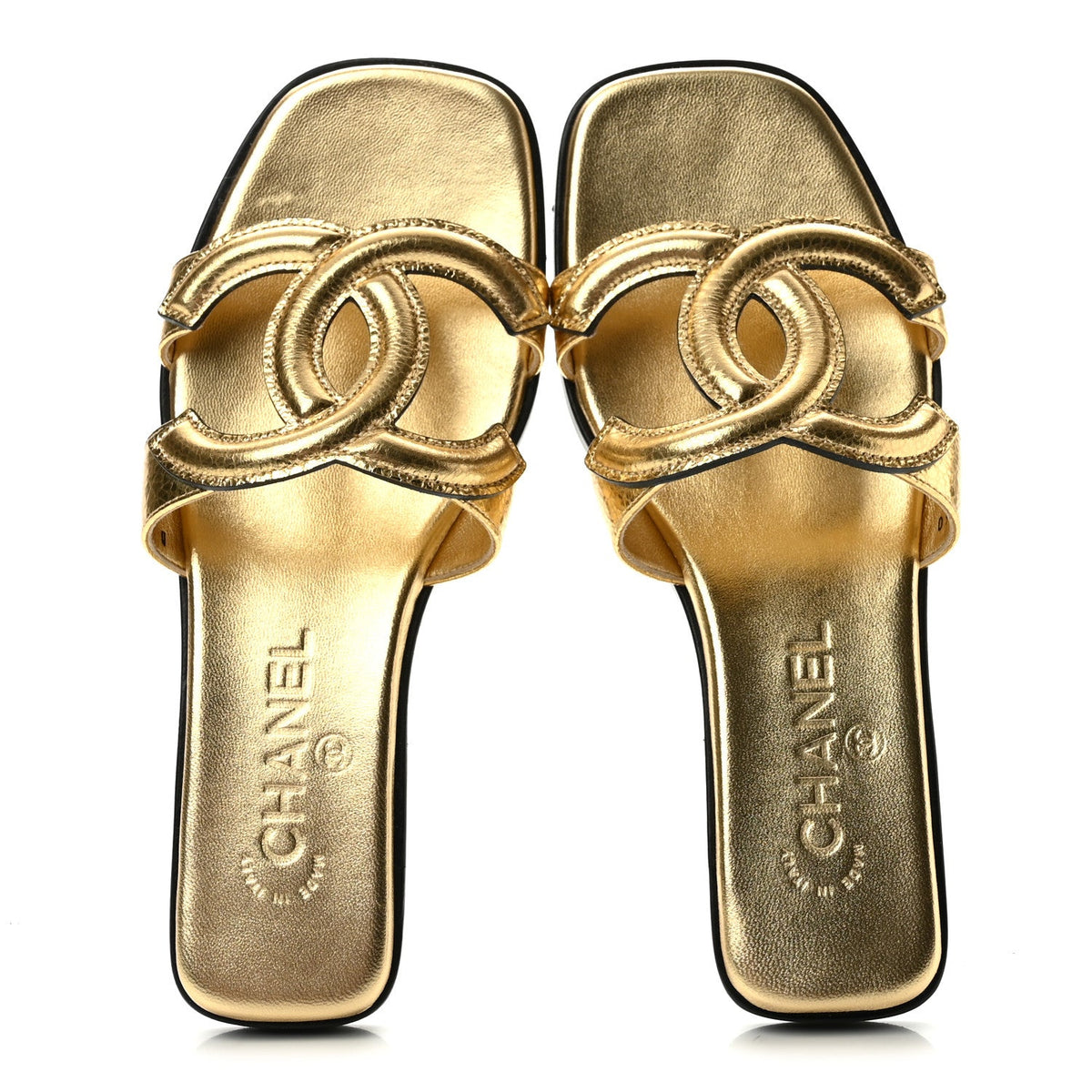 Crackled Laminated Calfskin CC Cut Out Mules Sandals 35.5 Gold