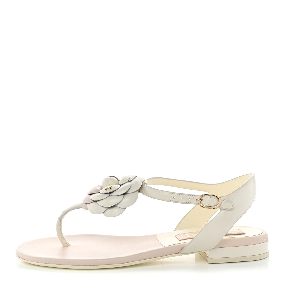 Shiny Calfskin Camellia Thong Sandals 37 Ivory Beige