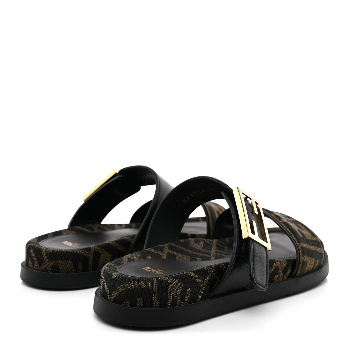 Fabric Jacquard Nappa FF Womens Fendi Feel Buckled Slide Sandals 37 Tobacco Black