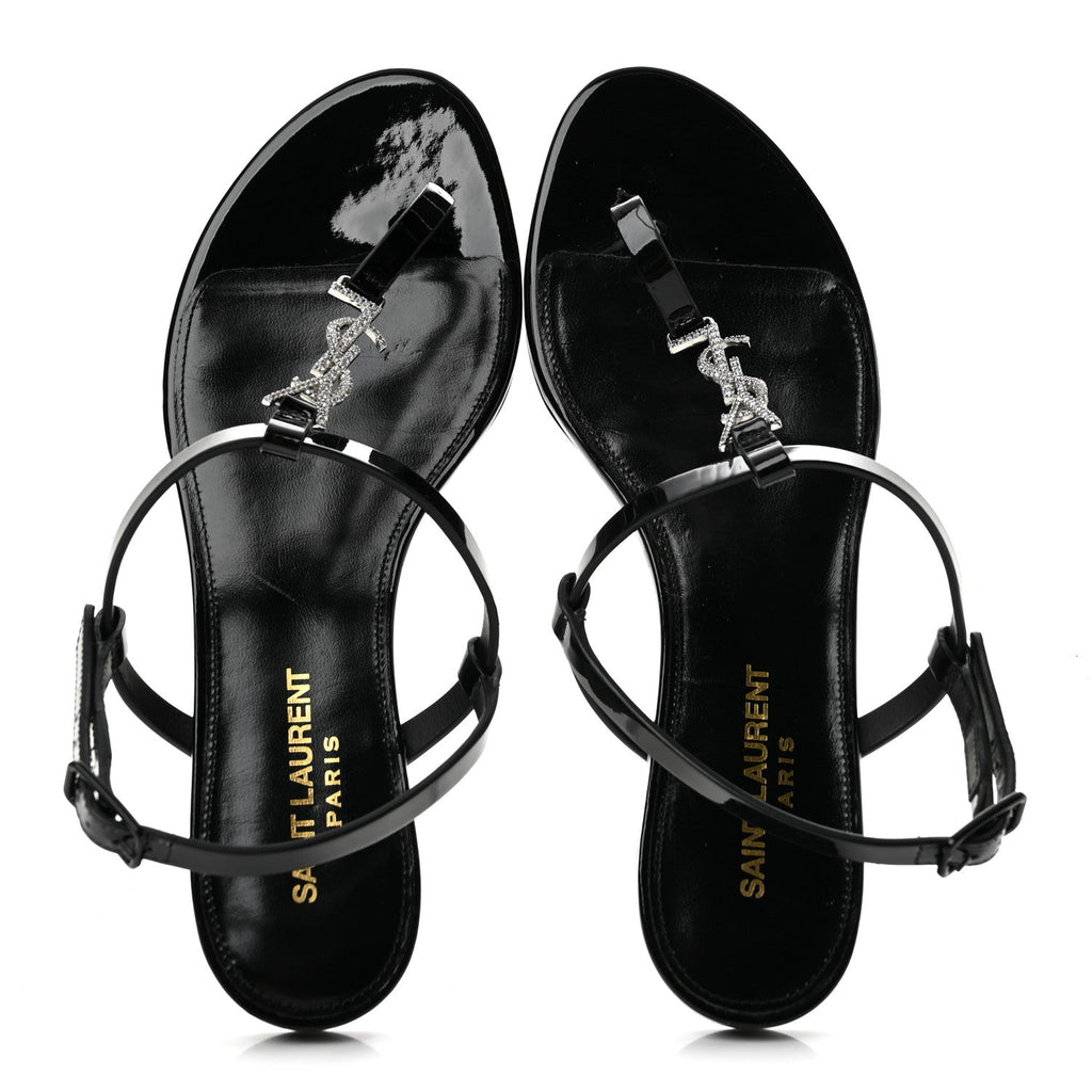 Patent Calfskin Cassandra Crystal Monogram Sandals 37 Black