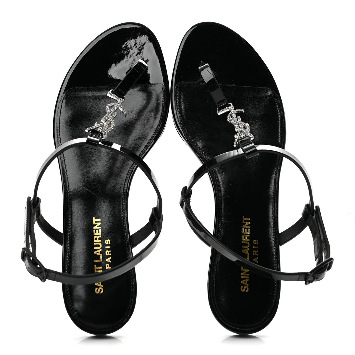 Patent Calfskin Cassandra Crystal Monogram Sandals 37 Black