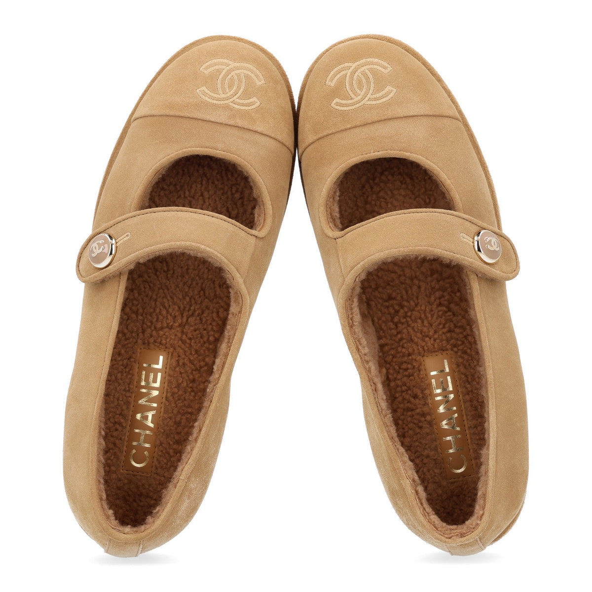 Suede Calfskin Cap Toe CC Mary Jane Flats 38 Beige