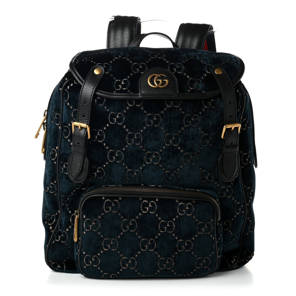 Velvet GG Monogram Textured Calfskin Web Small Double Buckle Backpack Blue Beige Black