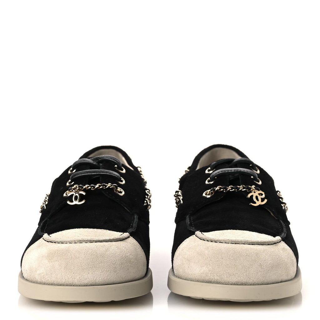 Suede Calfskin CC Chain Loafers 38.5 Black Light Gray