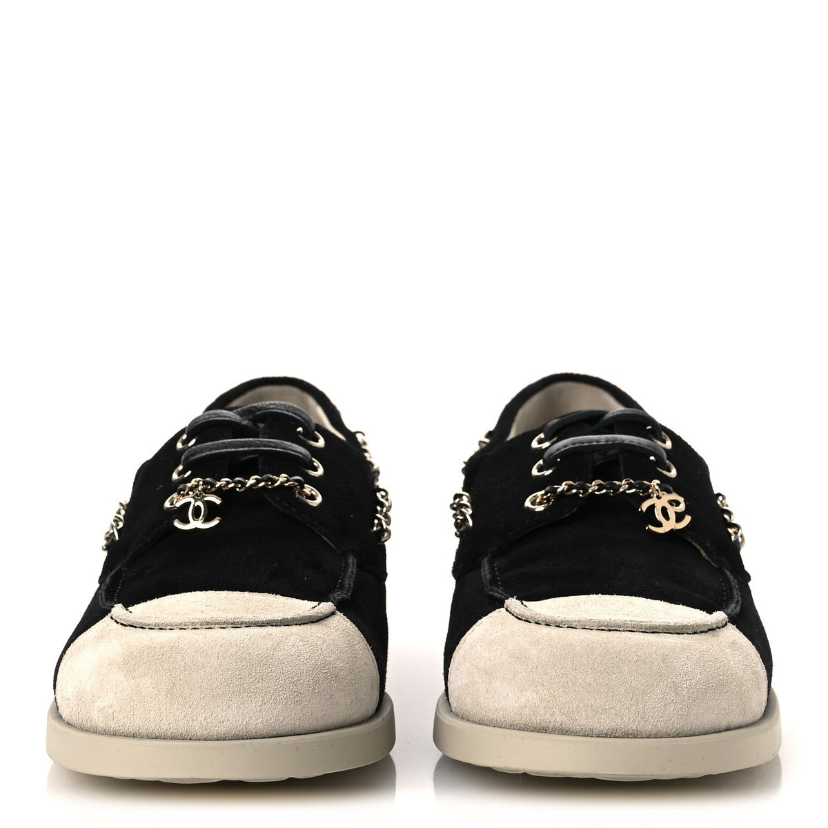 Suede Calfskin CC Chain Loafers 38.5 Black Light Gray