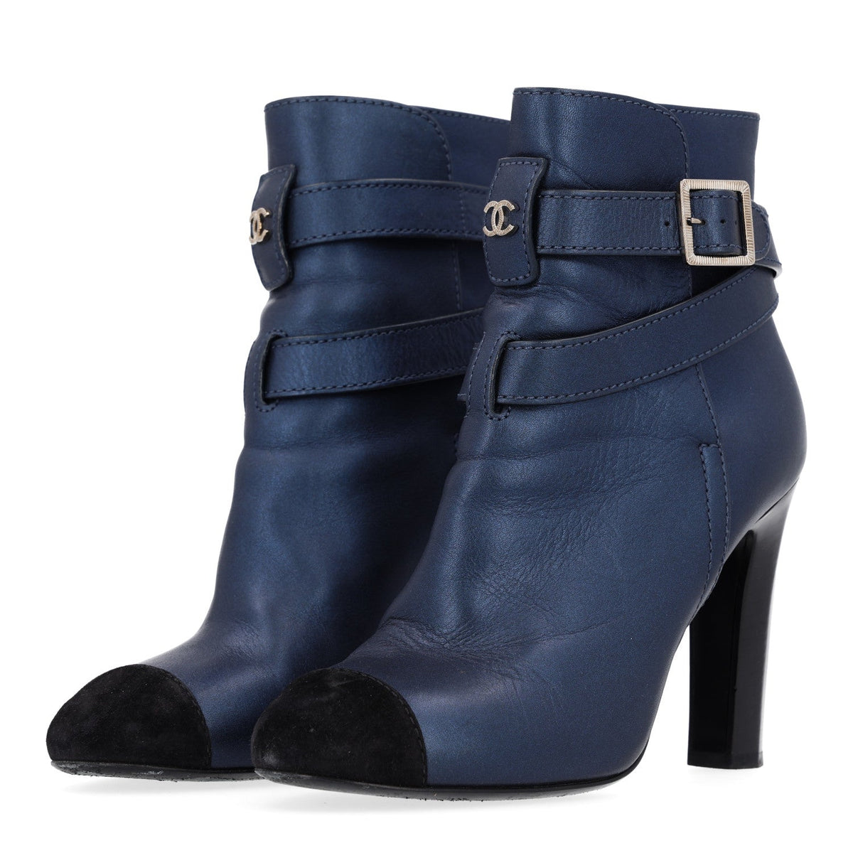 Calfskin Suede Cap Toe CC Short Boots 38.5 Navy Black