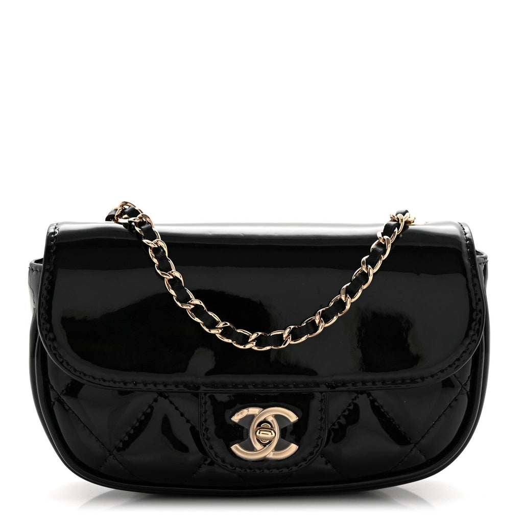 Patent Calfskin Quilted Mini Clutch Black