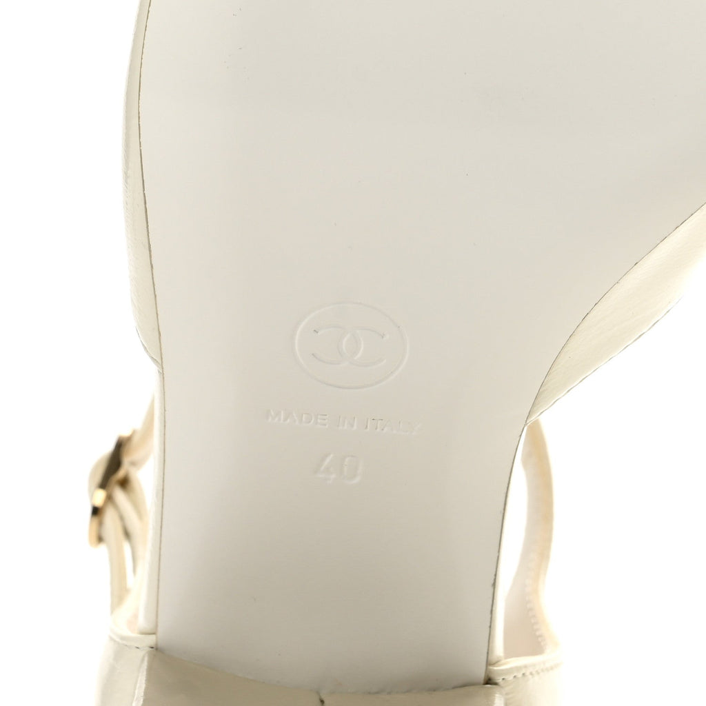 Shiny Lambskin CC Cap Toe Mary Janes Pumps 40 White Light Beige