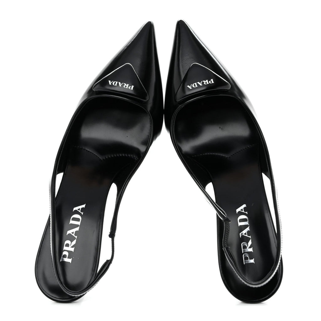 Spazzolato Triangle Logo Pointed Toe 75mm Slingback Pumps 37 Black