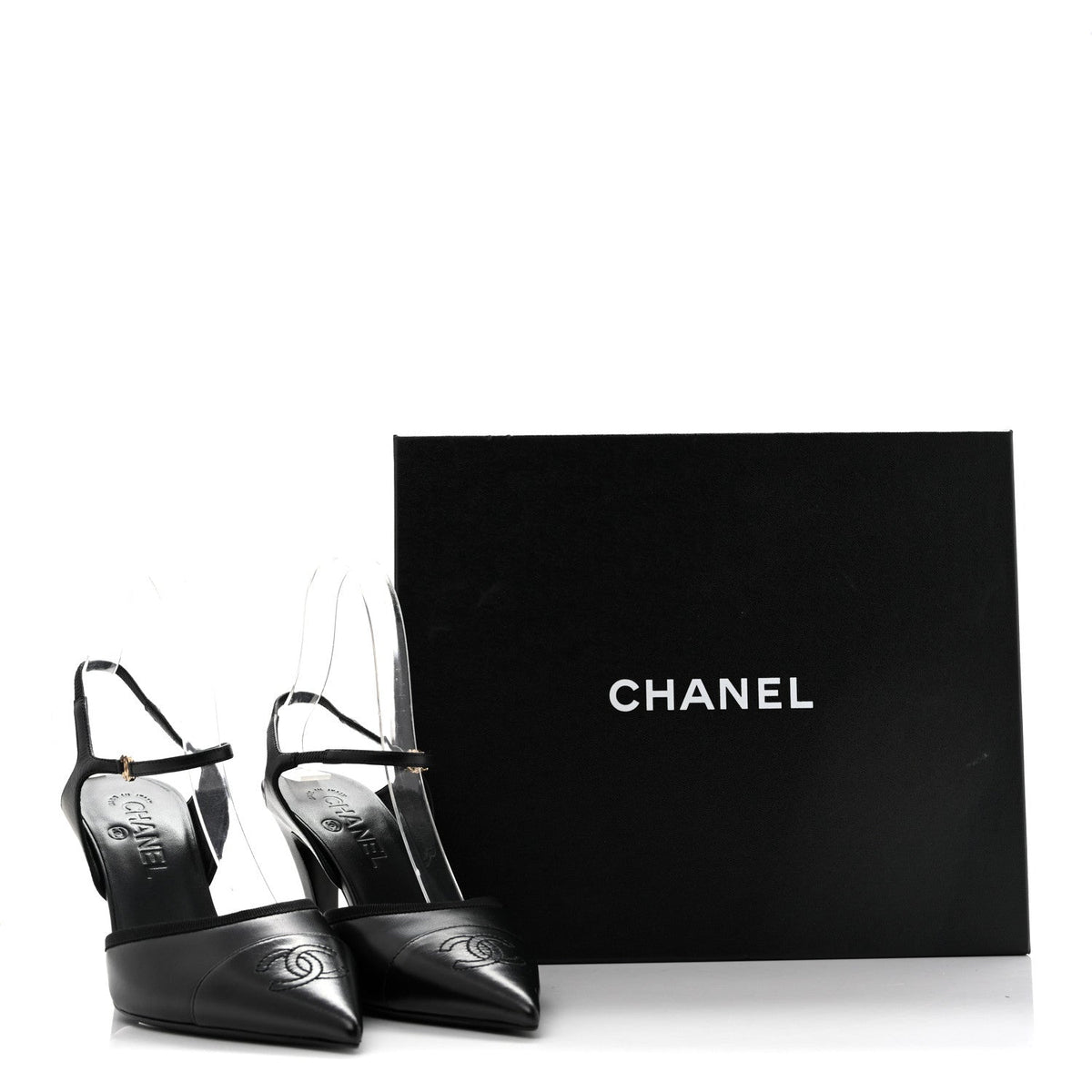 Lambskin Pointed Cap Toe CC Slingback Pumps 38 Black