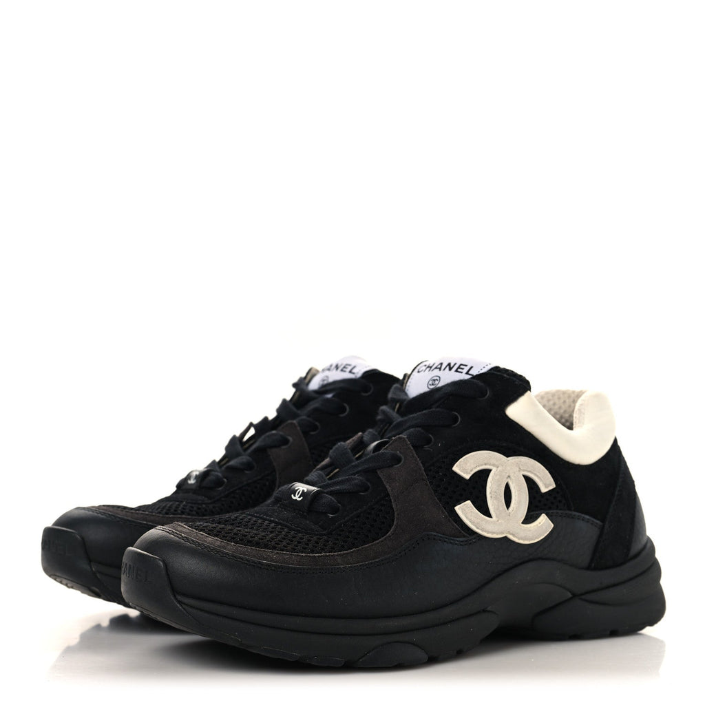 Mesh Suede Grained Calfskin Womens CC Sneakers 37.5 Black White
