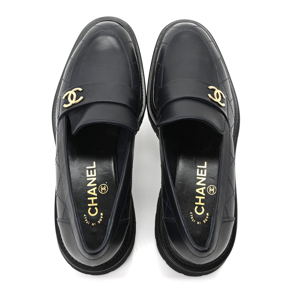 Calfskin Quilted CC Mocassin Loafers 40 Navy Blue