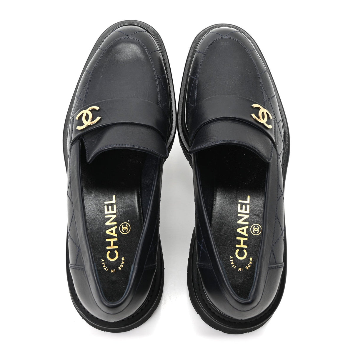 Calfskin Quilted CC Mocassin Loafers 40 Navy Blue