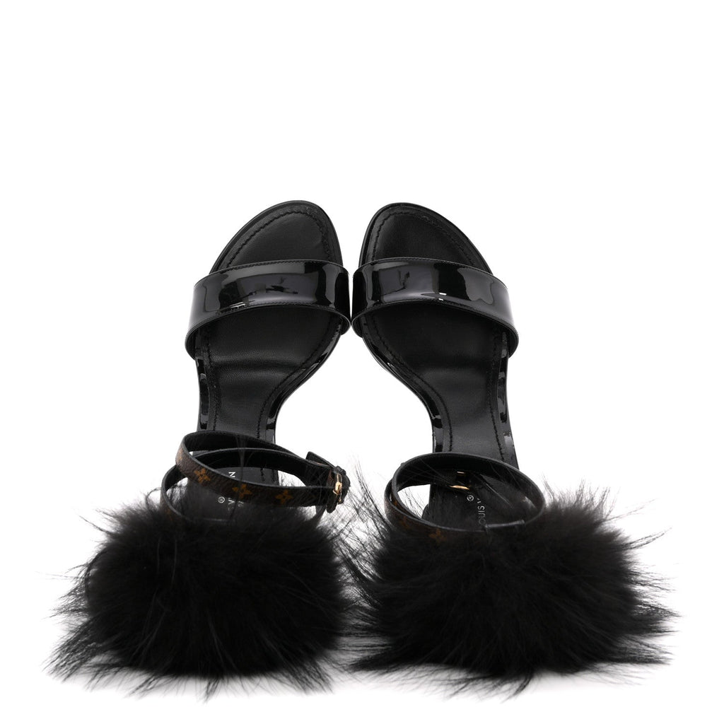 Monogram Patent Fur Sandals 38 Black
