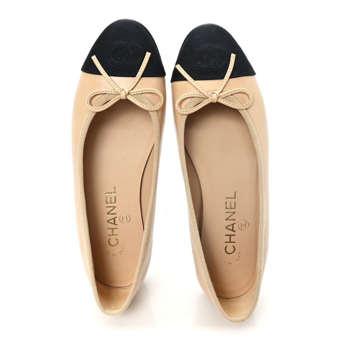 Lambskin Grosgrain Cap Toe CC Ballerina Flats 36 Beige Black