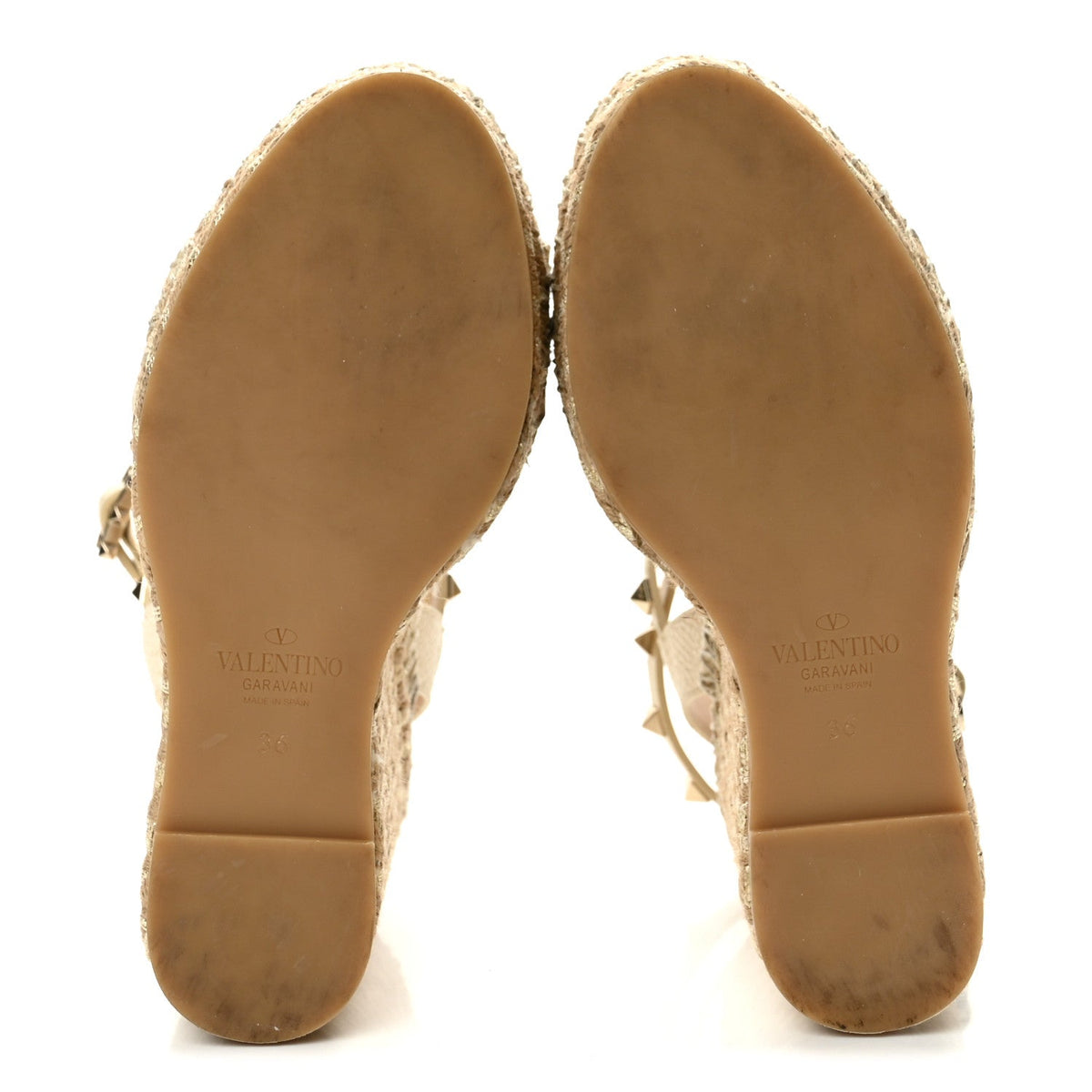 Grained Calfskin Rockstud Ankle Strap Espadrille 15/105mm Wedge Sandals 36 Light Ivory Natural