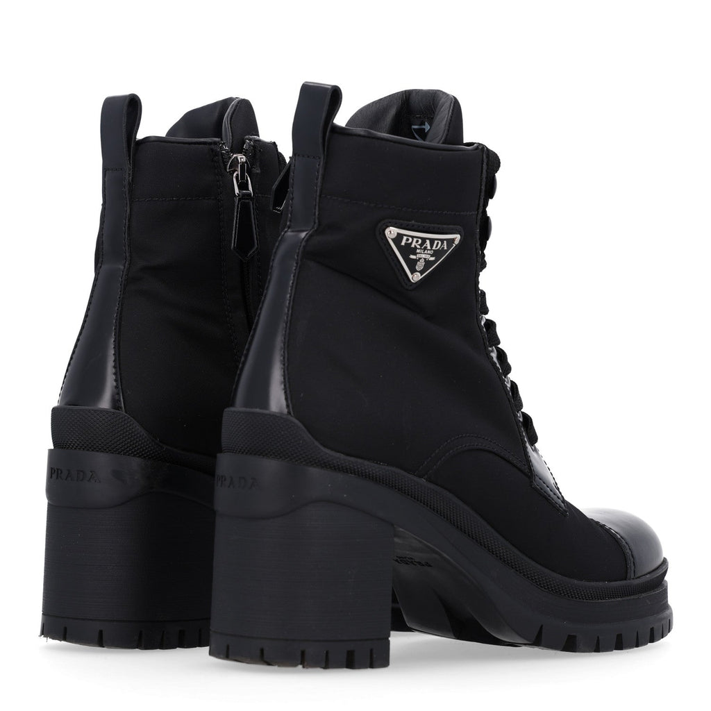 Spazzolato Re-Nylon Metal Triangle Logo Lace Up 55mm Ankle Boots 36 Black