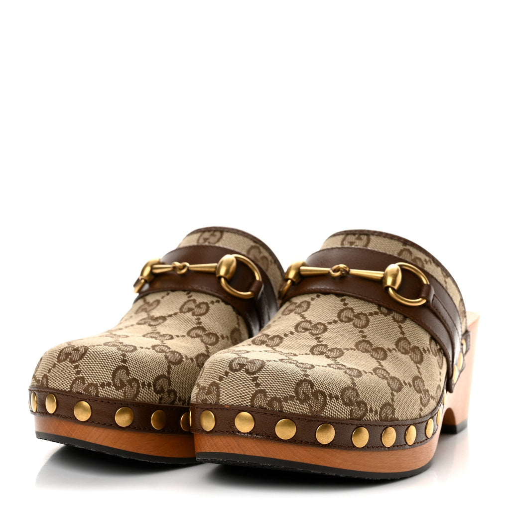 Monogram Goatskin Horsebit Clog Mules 36.5 Beige Ebony Brown Sugar