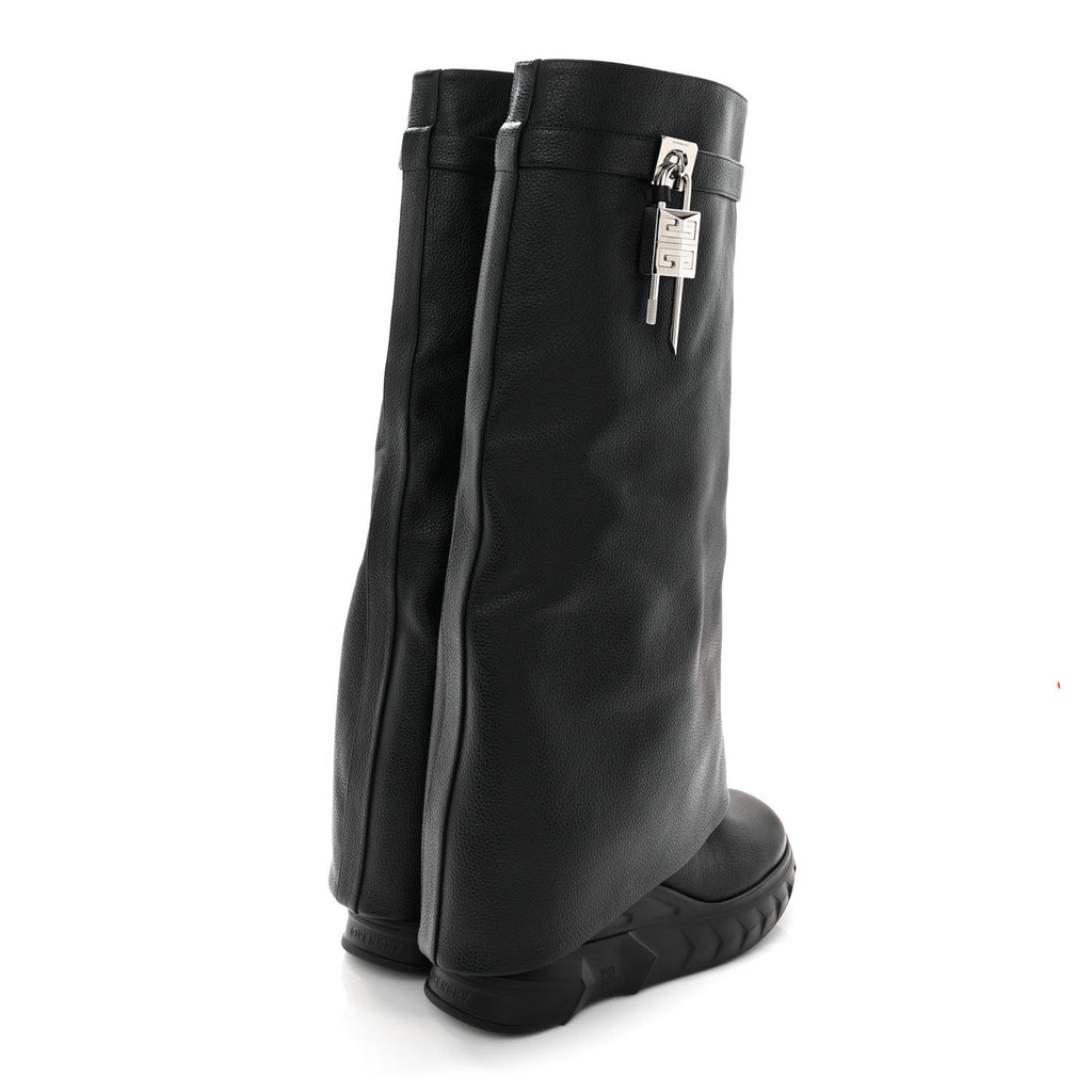Grained Calfskin Shark Lock Biker Knee Boots 40 Black