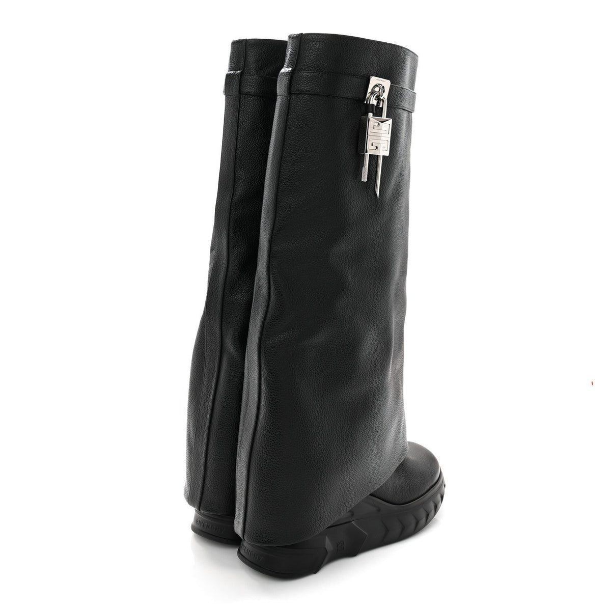 Grained Calfskin Shark Lock Biker Knee Boots 40 Black