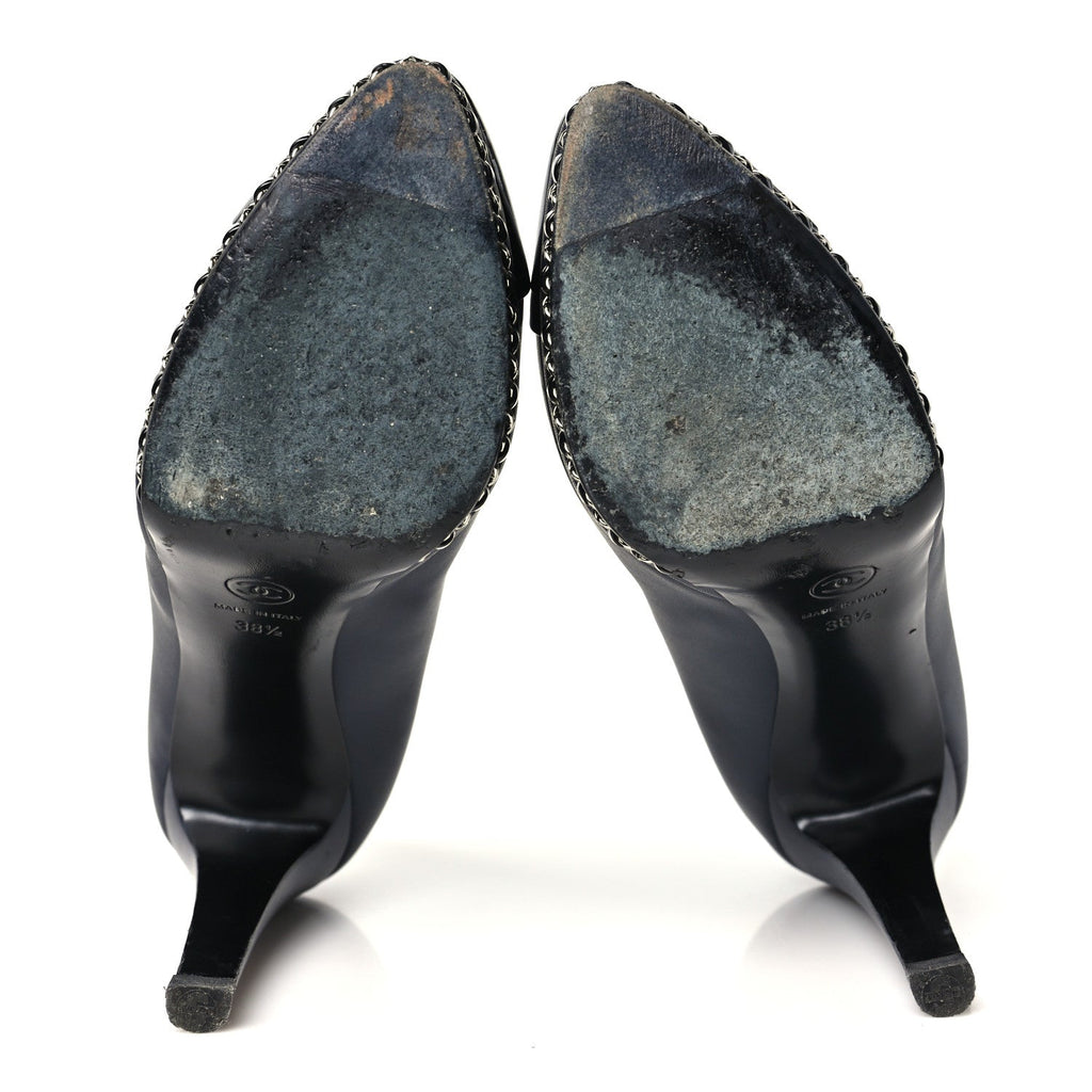 Calfskin Patent CC Cap Toe Platform Chain Pumps 38.5 Navy Black