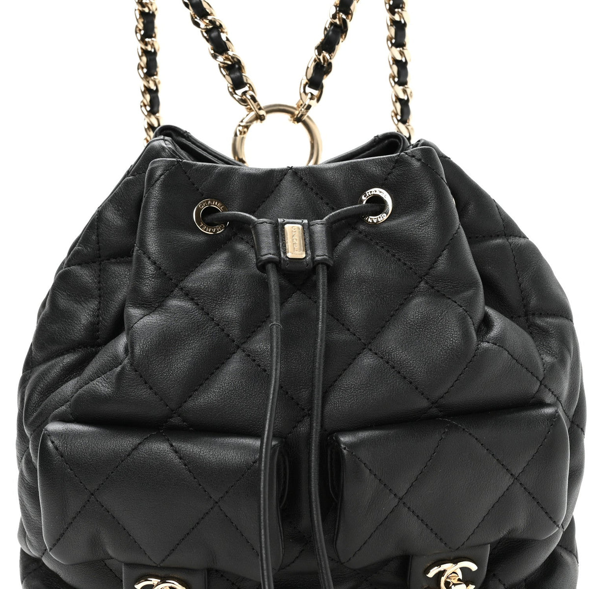 Calfskin Quilted Double Pocket Drawstring Backpack Black
