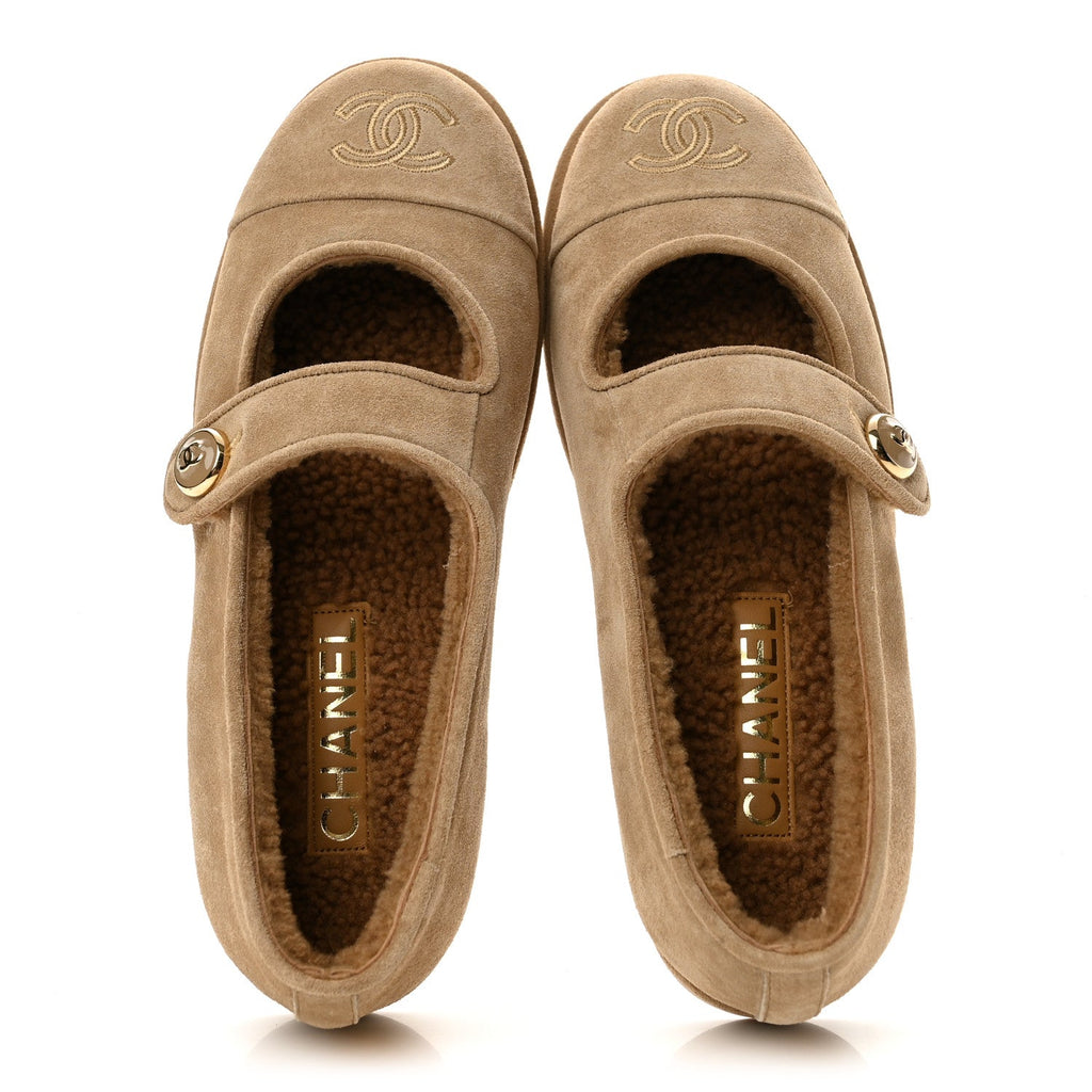 Suede Cap Toe CC Mary Jane Flats 36 Beige