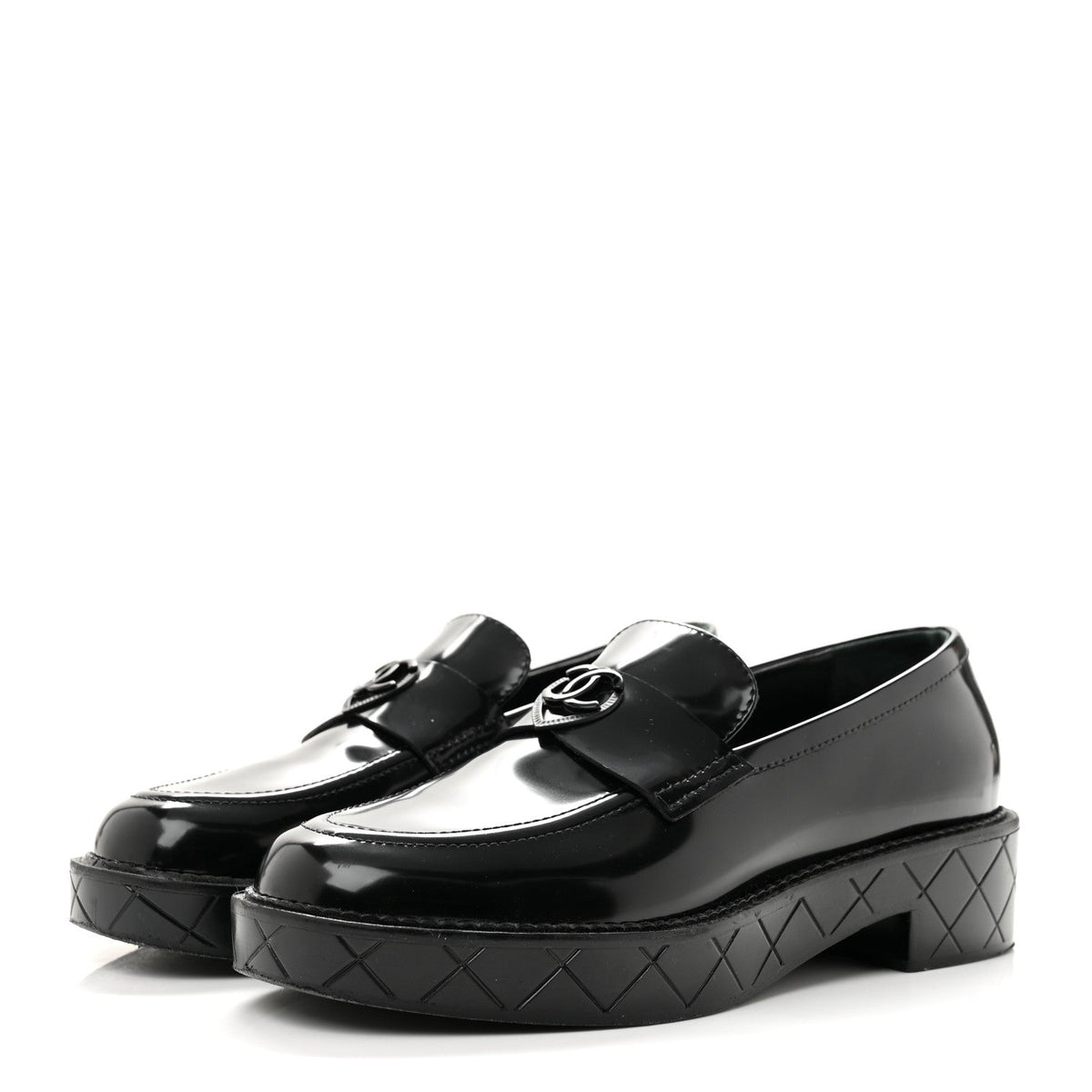 Shiny Calfskin Quilted CC Mocassin Loafers 39 Black