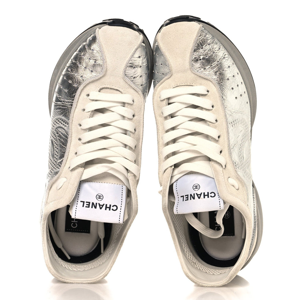 Laminated Calfskin Suede CC Sneakers 39.5 Silver Light Grey