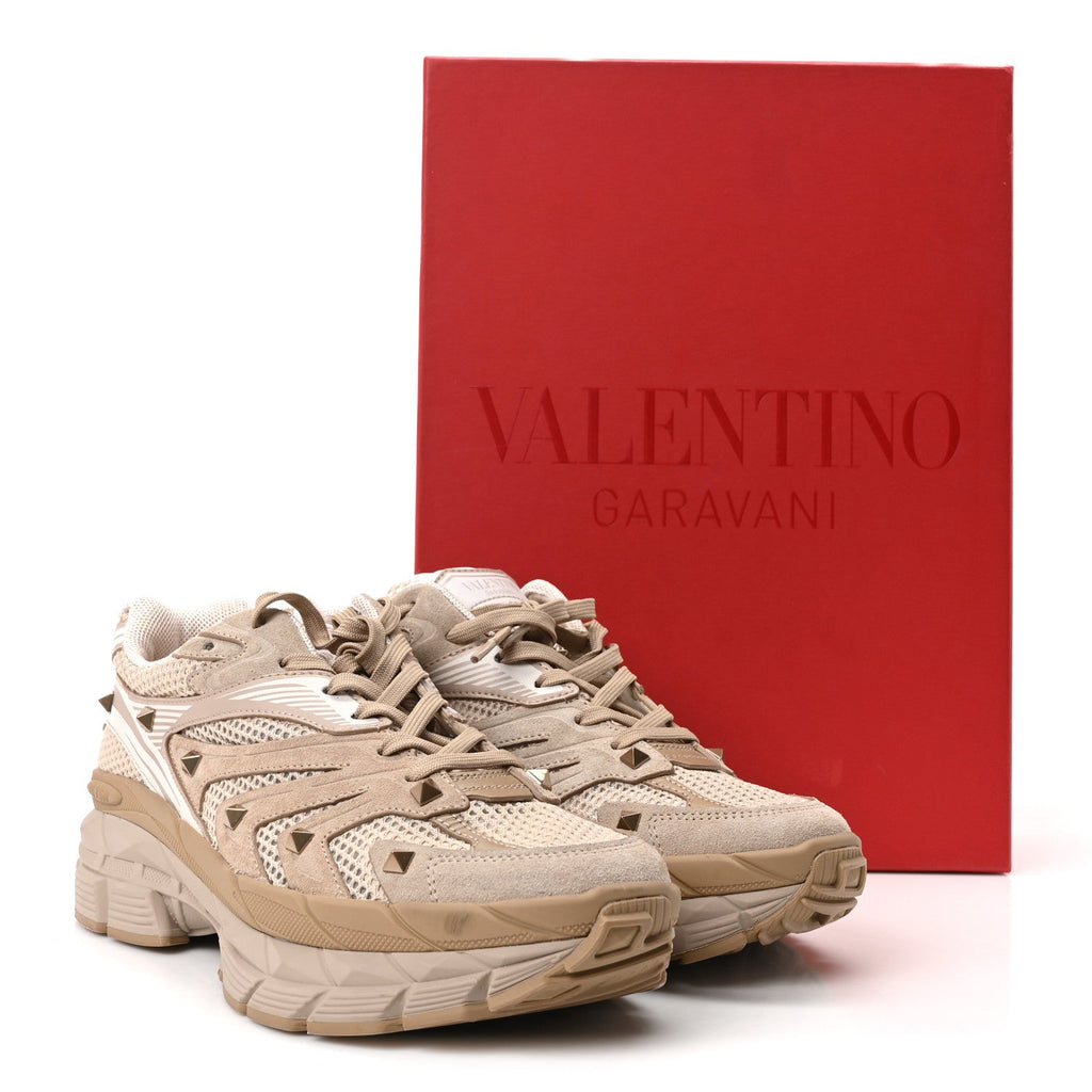 Mesh Calfskin Rockstud Womens Platform Sneakers 41 Poudre