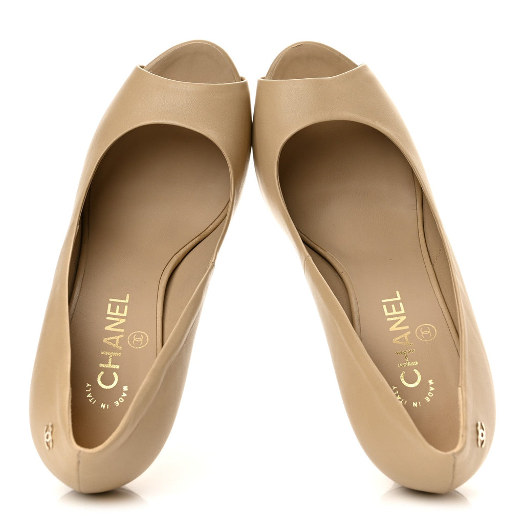Lambskin Pearl Peep Toe Pumps 39 Beige