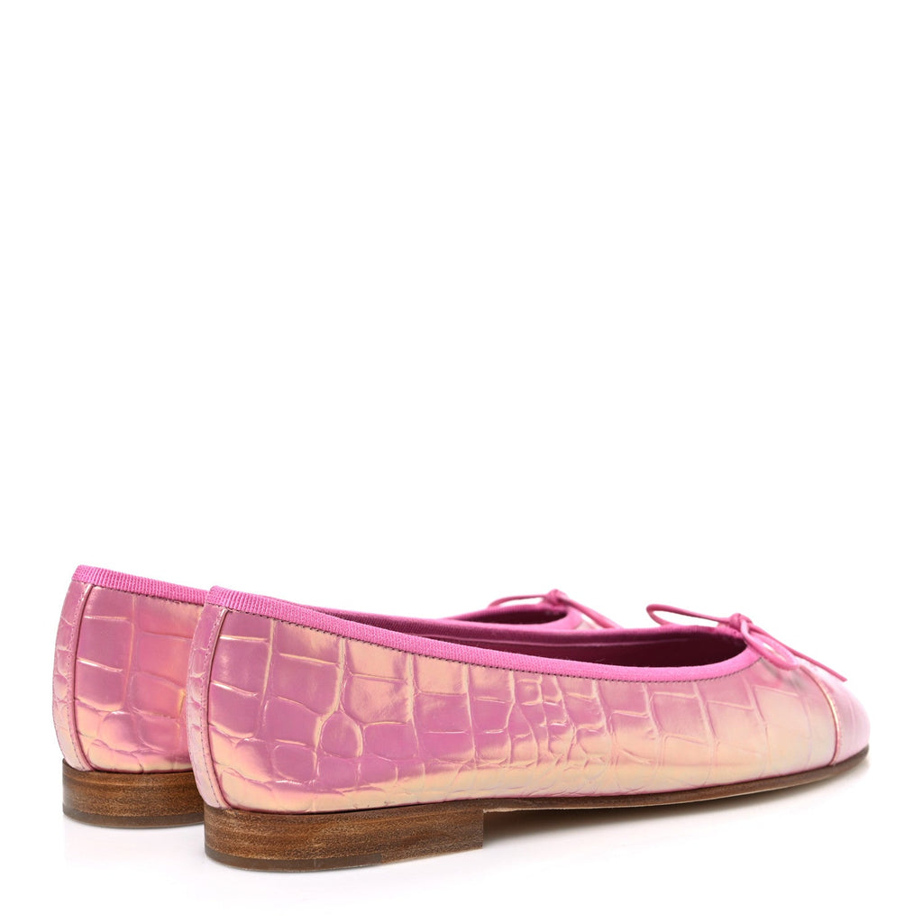 Iridescent Calfskin Crocodile Embossed Ballerina Flats 36.5 Pink