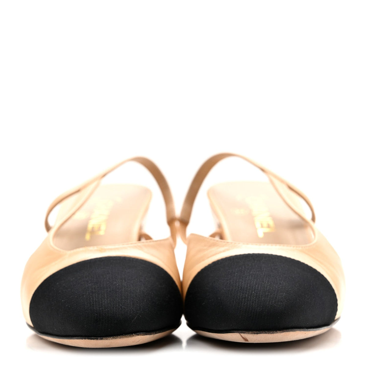 Goatskin Grosgrain Cap Toe CC Slingback Pumps 39 Beige Black