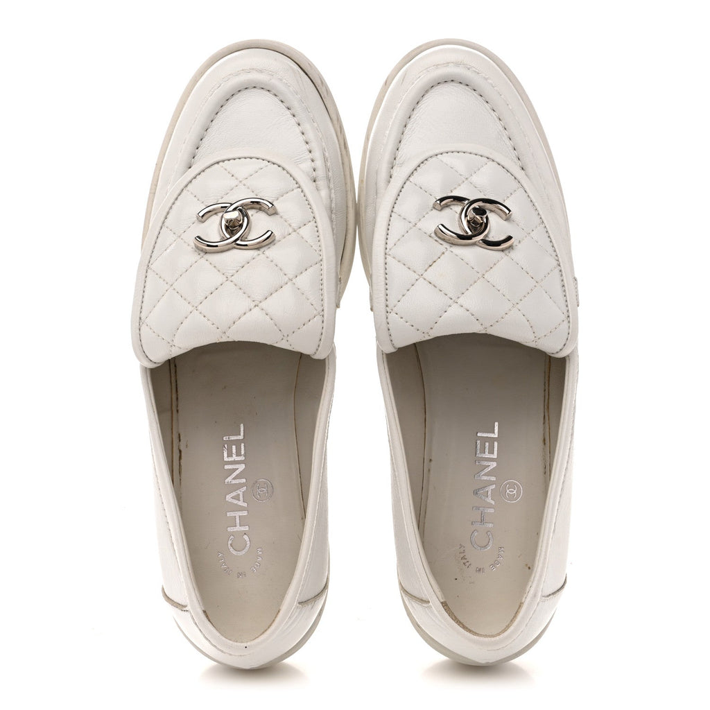 Shiny Lambskin Quilted CC Turnlock Loafers 40 White