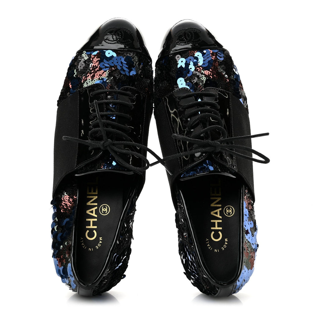 Patent Calfskin Sequin CC Cap Toe Womens Lace Up Oxfords 37.5 Blue Black