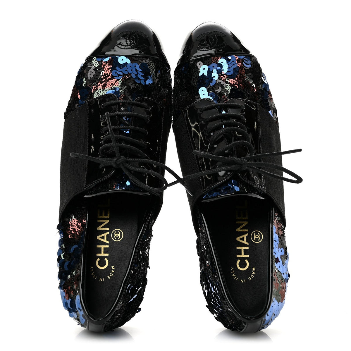 Patent Calfskin Sequin CC Cap Toe Womens Lace Up Oxfords 37.5 Blue Black