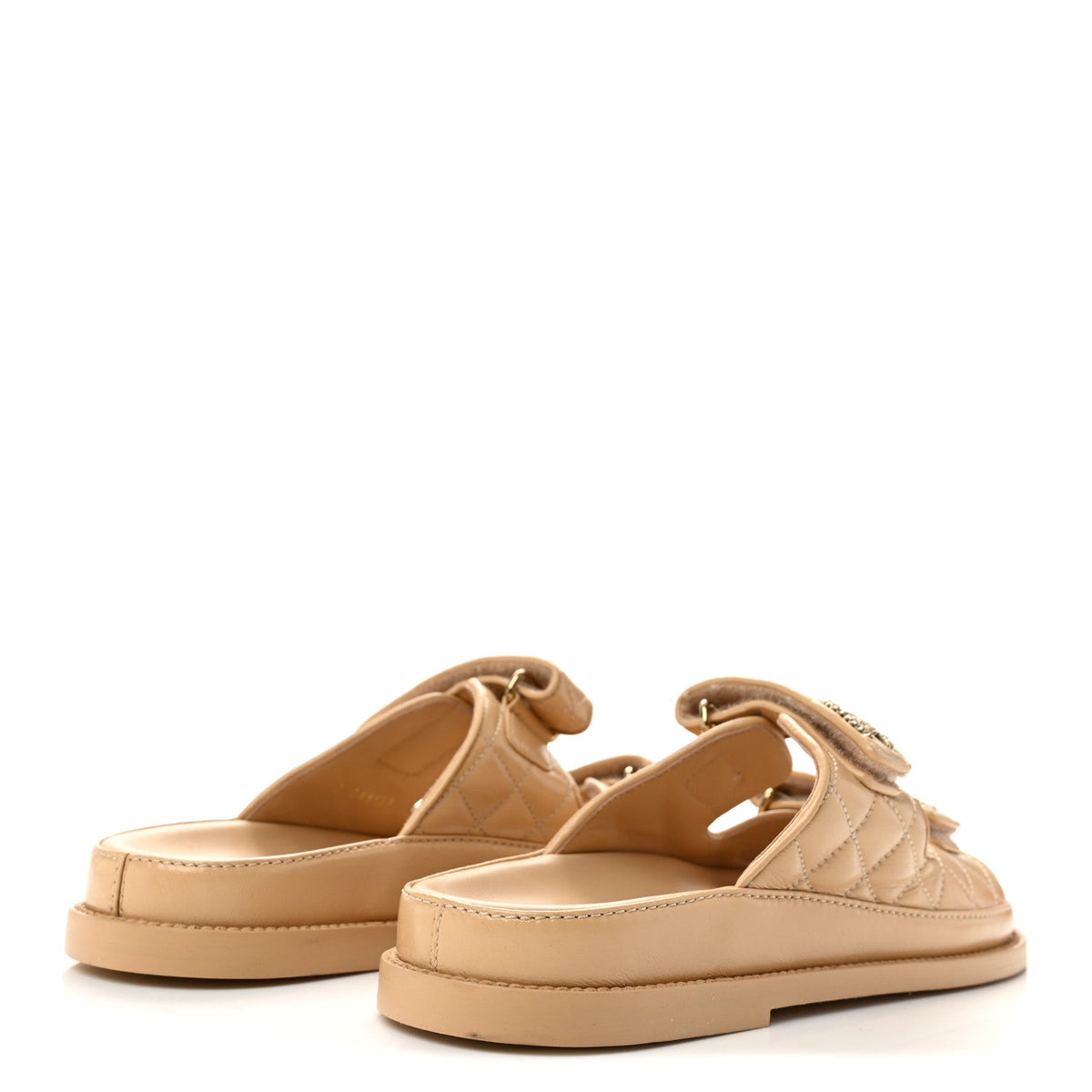 Lambskin Quilted Velcro Dad Chain CC Slide Sandals 38.5 Beige