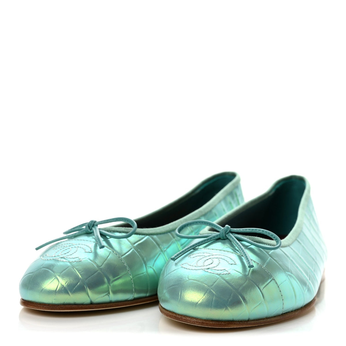 Iridescent Calfskin Crocodile Embossed Ballerina Flats 39.5 Green