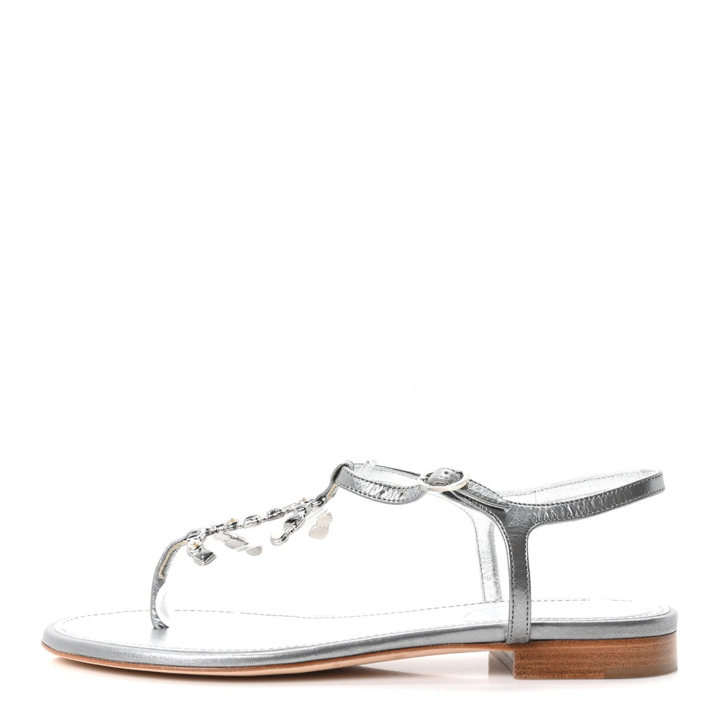 Metallized Lambskin CC Crystal Thong Sandals 38 Silver