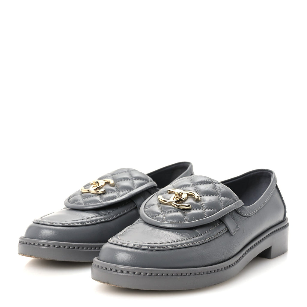Lambskin Quilted CC Turnlock Loafers 38 Grey