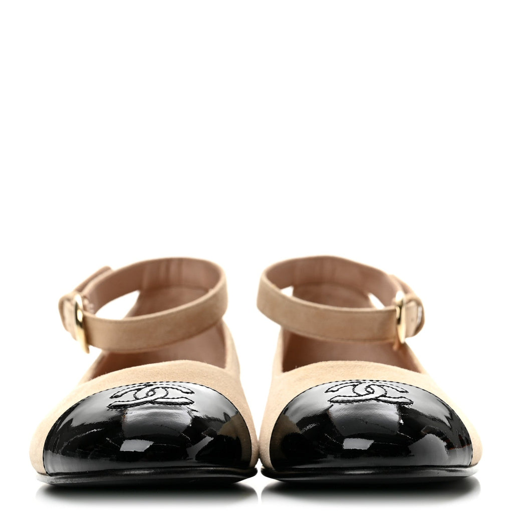 Suede Patent Cap Toe CC Mary Jane Flats 36.5 Light Pink Black