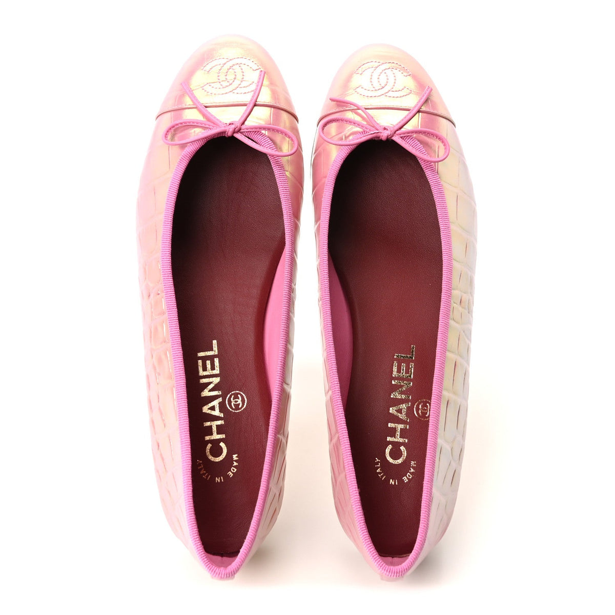 Iridescent Calfskin Crocodile Embossed Ballerina Flats 38 Pink