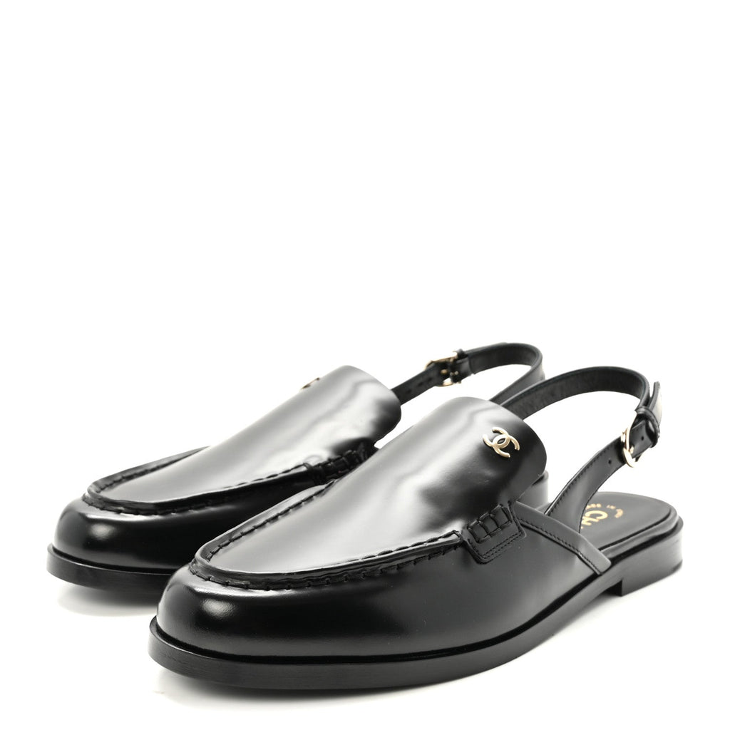 Shiny Calfskin Slingback Loafers 40.5 Black