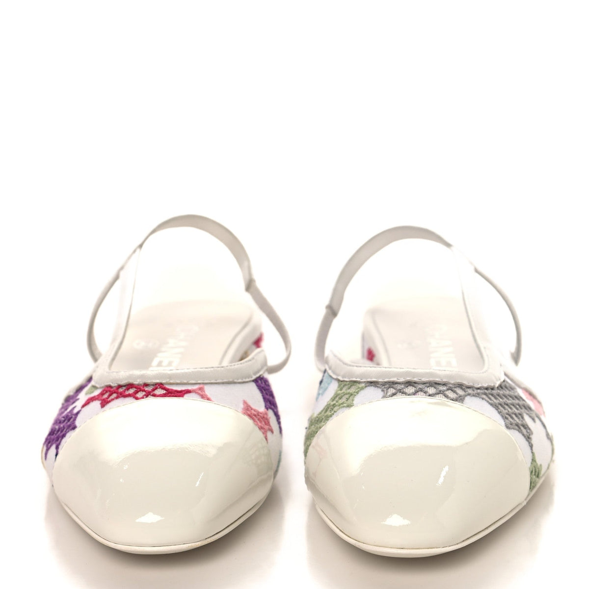 Cotton Guipure Patent Embroidered Floral Cap Toe CC Slingback Flats 37 White Multicolor