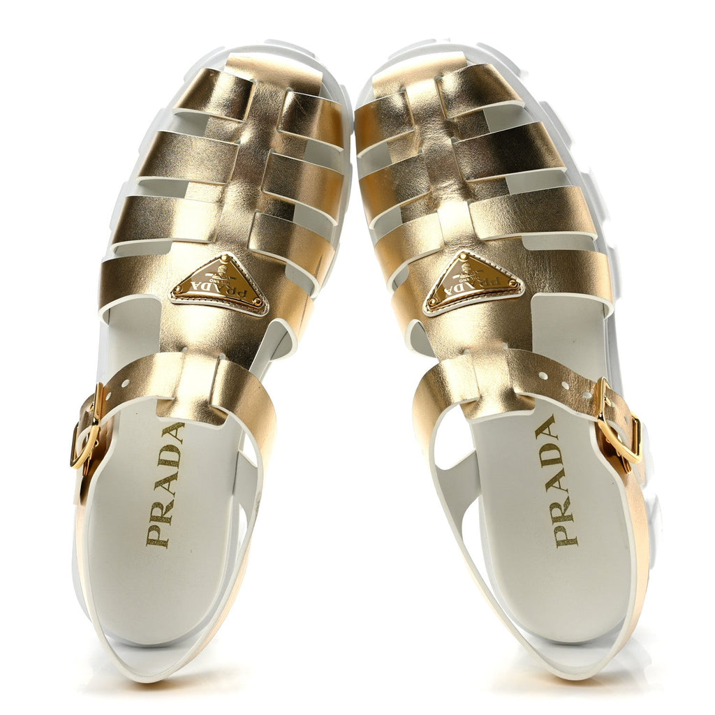 Metallic Vitello Metal Triangle Logo Monolith 55mm Cage Sandals 40 Platino