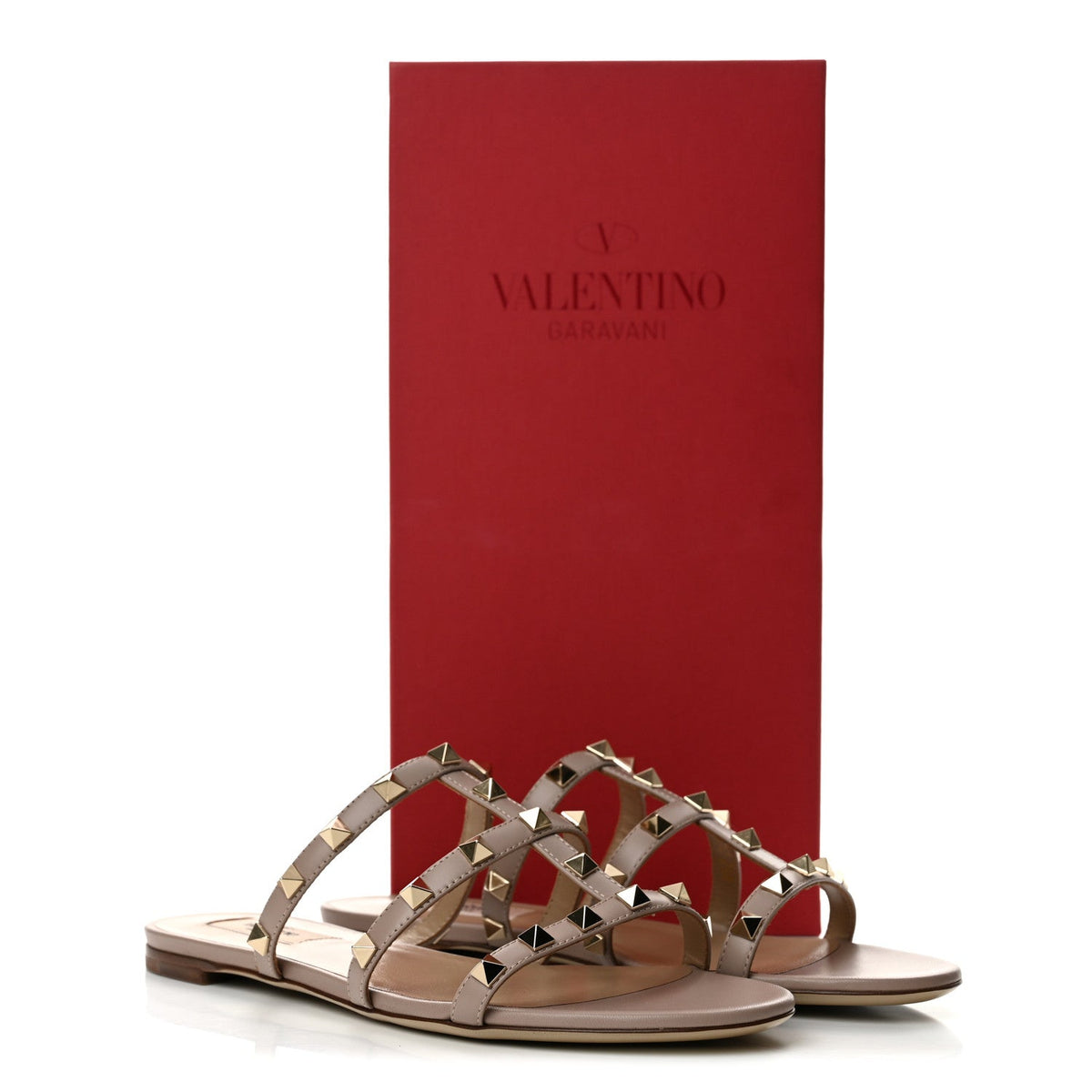 Calfskin Rockstud Caged Flat Slide Sandals 37 Poudre