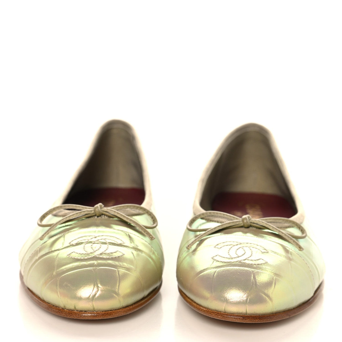Iridescent Calfskin Crocodile Embossed Ballerina Flats 38 Yellow