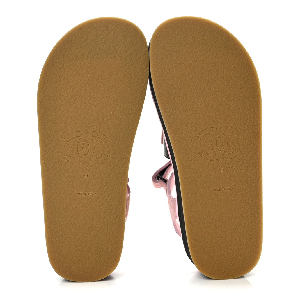 Suede Calfskin Velcro Flat Sandals 39 Light Pink